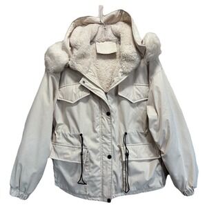 Sherpa Lined Parka Jacket Zip Up Hood Faux Fur Trim Size XL Pockets Cream